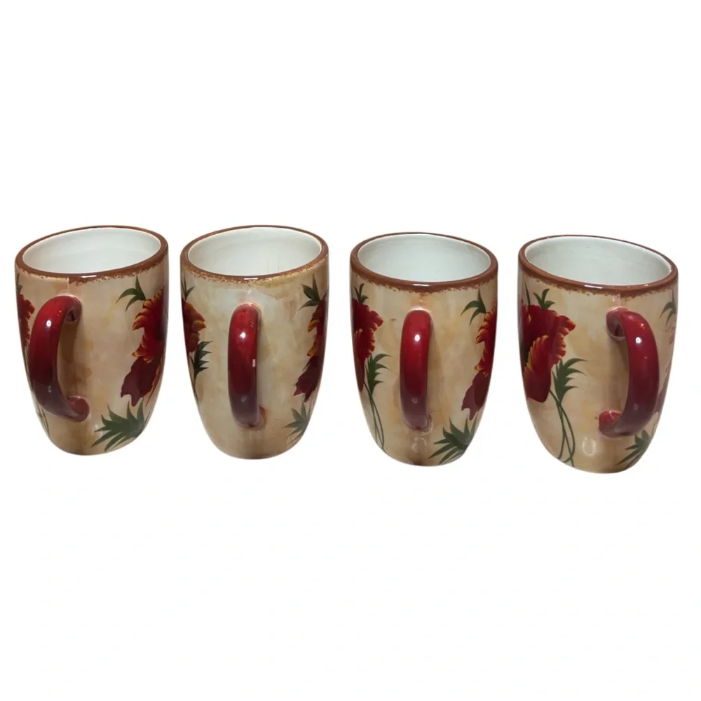 Pier 1 Poppies Mug 4 Piece Set Hand Painted Earthenware Replacements Red Floral